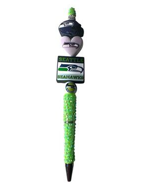 Superbowl Champion Seattle Seahawks Beaded Pen with Team Logo Charms & Green Rhi